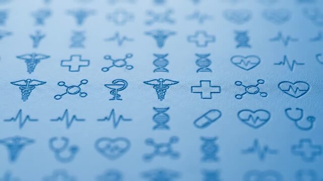 A geometric arrangement of medical symbols displayed as subtle patterns on a clean blue surface, soft lighting enhancing shapes and depth, minimalist design aesthetic with clinical precision, macro