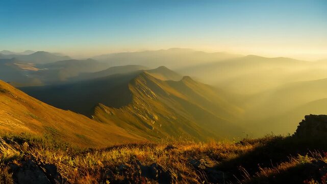 Sunlit mountain ridge at sunset with layered peaks, soft mist in valleys, and a rugged foreground of rocks and golden grasses.