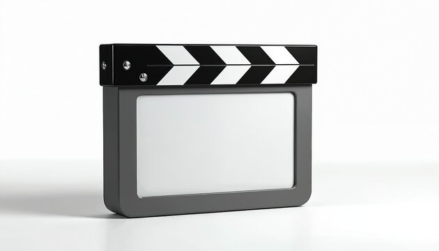 Film clapperboard isolated on white background. Ready for custom text on blank slate for movie production notes. Cinema director slate used for filming.