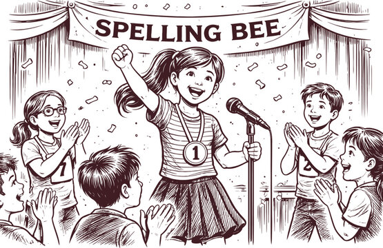 Girl Wins Spelling Bee Contest Stage Sketch