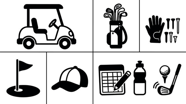 Black and white golf equipment set with golf cart cap and scorecard
