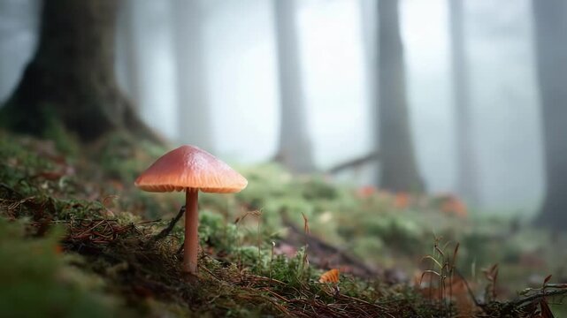 Close-up forest scene featuring a vivid orange mushroom on mossy ground, with soft fog and blurred trees in the background, creating a calm, natural macro composition