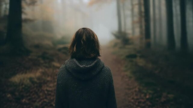 Back view of a person in a speckled gray knit jacket, standing in a misty autumn forest; moody, serene nature scene for travel, mindfulness, and outdoors