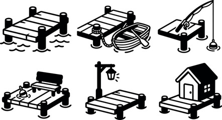 Fototapeta premium Wooden piers with boat fishing rod bench and house