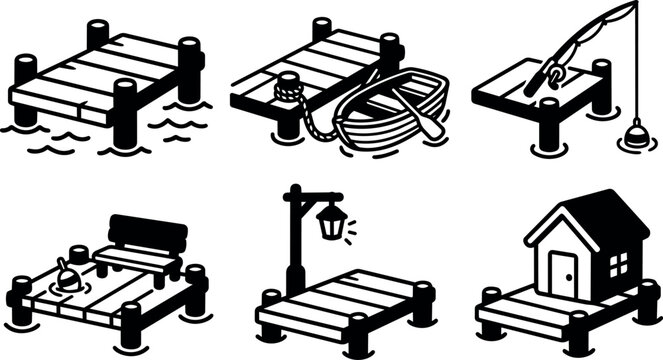 Wooden piers with boat fishing rod bench and house