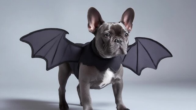 Adorable small dog wearing a black bat-wing cape, posed with a gentle smile. Halloween pet costume exudes whimsy and charm