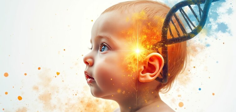 Baby profile with DNA helix symbolizes genetic code, inheritance. Infant represents biological blueprint, life formation, future potential. Child development, identity originate from genetic makeup.