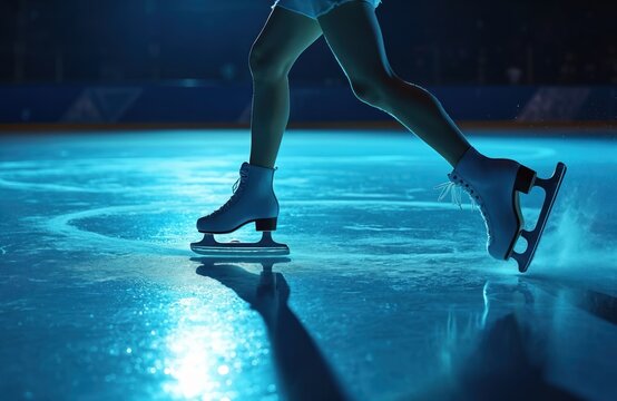 Female figure skater legs glide across ice arena floor. Athlete practices spins and jumps under cool blue spotlight. Woman in skates performs routine with precision and grace.