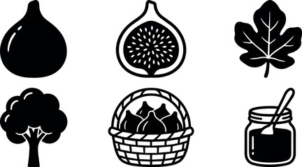 Naklejka premium Black and white fig fruit leaf tree basket and jar line art icons