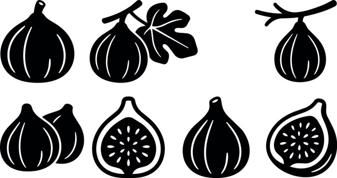 Black and white fig fruit icons with leaf and cross section vector art