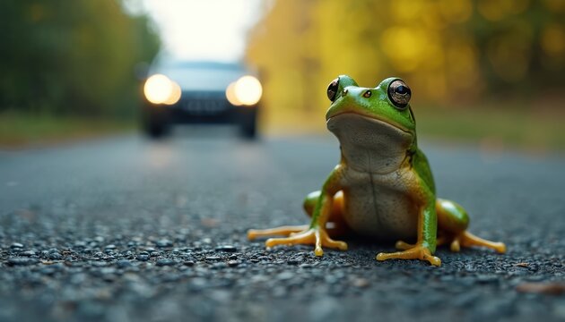 Green frog sits on asphalt road. Car approaches with bright headlights. Amphibian faces danger in wildlife crossing scene. Animal faces car threat.