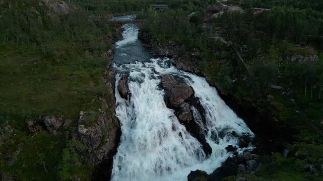 V&oslash;ringsfossen waterfall in Norway in evening