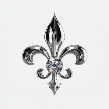 Silver fleur-de-lis with central diamond on white background