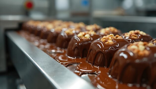 Rows of chocolate candy bars with nuts move on conveyor belt. Automated food production line creates sweet dessert treats. Factory machinery prepares sugary snacks.