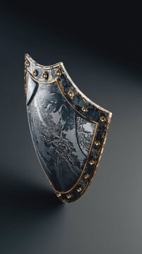 Black metal shield floating on gradient background