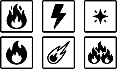 Fototapeta premium Black and white fire lightning and sparkle icons in simple square frames