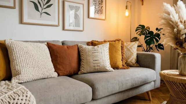 A stylish modern boho living room in a warm apartment with a dove-gray textured sofa layered with ochre and ivory cushions, a chunky macram&eacute; plaid draped casually over one arm, abstract art mock-ups