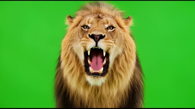 Lion with big mane opens mouth wide to roar at camera