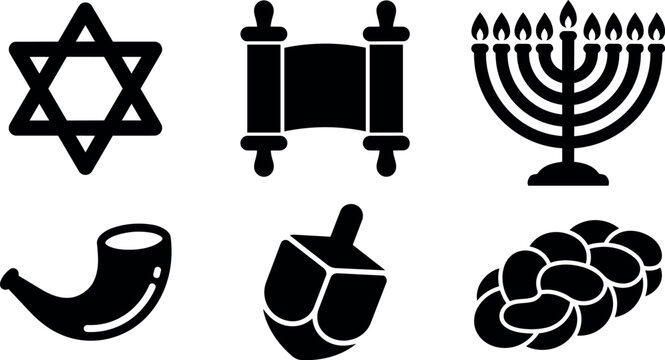 Black silhouette hanukkah symbols including star menorah scroll dreidel shofar and challah bread