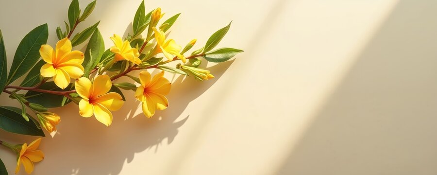 Tipuana tipu branch with bright yellow flowers and green leaves rests on a light beige background with space for text. Sunlight creates soft shadows, suggesting a peaceful, natural scene.