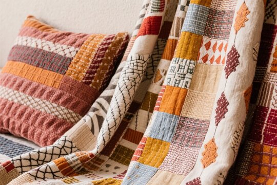 Colorful patchwork quilt and matching pillow on a bed, featuring geometric patterns and warm tones