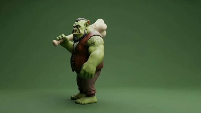 Cartoon Orc Character with Club and Beard Standing on Green Screen