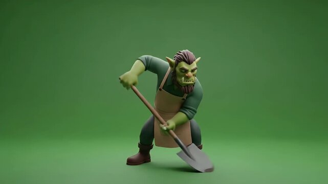 Cartoon Orc Farmer or Gardener Character Holding a Shovel