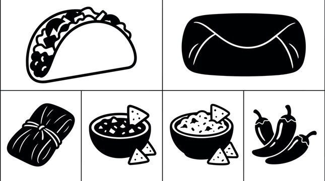 Black and white taco burrito tamale salsa guacamole and chili pepper icons