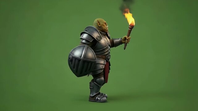 Fantasy Orc Warrior Character in Armor with Shield and Flaming Torch on Green Background