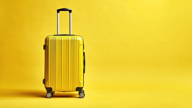 Yellow hard-shell suitcase with an extended handle on a bright yellow background, representing travel, tourism, and holidays