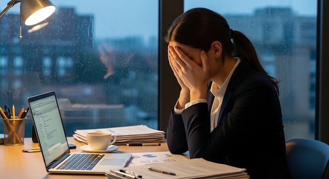 Stressed business woman at desk with laptop and papers at night