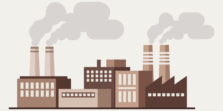 Industrial Landscape: A stark illustration of factory buildings belching plumes of smoke into the air, presenting a symbol of industrial activity and environmental concerns.