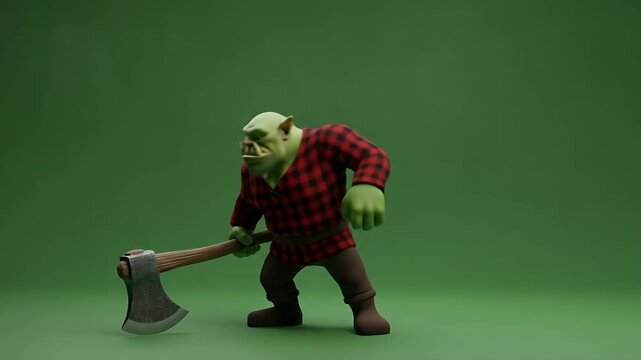 Powerful 3D cartoon orc character wearing a plaid shirt and holding a large axe on a green screen