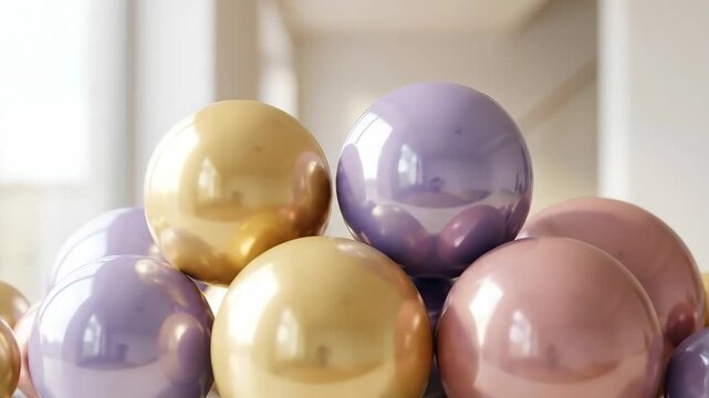 Polished colorful spheres in pastel gold, purple, and pink arranged in a modern abstract composition, smooth reflective surfaces and soft lighting creating depth and elegance, minimalist contemporary