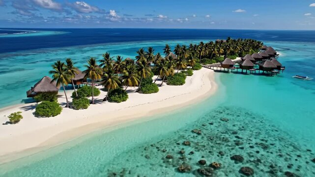 A spectacular aerial drone view high above the Maldives, the intricate atoll reef system visible beneath glass-clear shallow turquoise water transitioning to deep ocean blue, a thin white sandy island