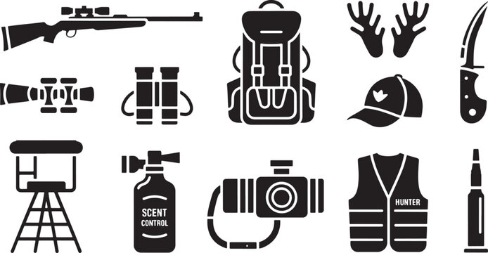 Hunting Equipment Vector Icon Set with Rifle Backpack Deer Antlers Binoculars Vest and Bullets