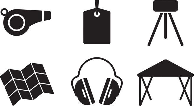 Outdoor Camping Adventure Vector Icon Set Including Whistle Map Tripod Headphones and Gazebo