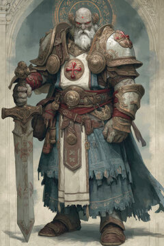 Warrior of Faith: A stalwart figure, armored and bearing a great sword, embodies strength, resilience, and unwavering faith, rendered with intricate detail in a classical artistic style.