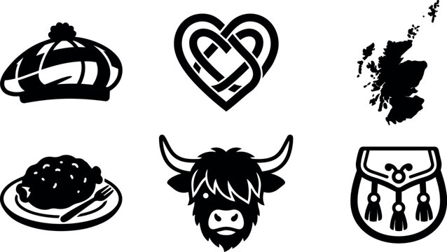 Black and white scottish themed icons with tam o shanter hat highland cow and map