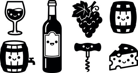 Fototapeta premium Cute black and white wine glass grape bottle corkscrew barrel and cheese vector art