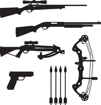 Hunting weapons silhouette set rifle shotgun crossbow compound bow handgun arrow bundle black vector isolated