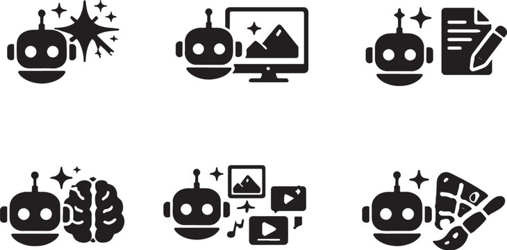 Generative AI system icons black silhouette set image text creation vector isolated.eps