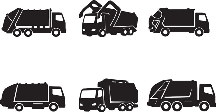 Black garbage truck silhouettes bundle rear front side loader recycling vehicle set clean vector isolated