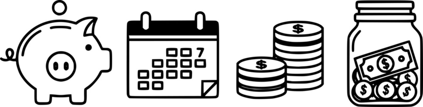 Savings plan icons: piggy bank, calendar, coins, money jar for financial planning
