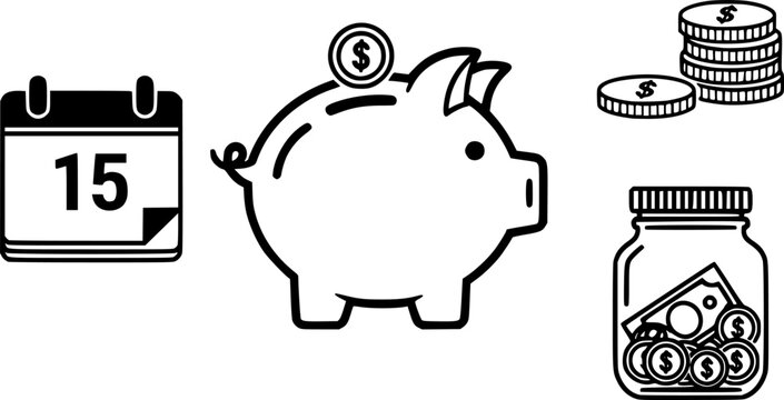 Savings plan icons: piggy bank, calendar, coins, money jar for financial planning
