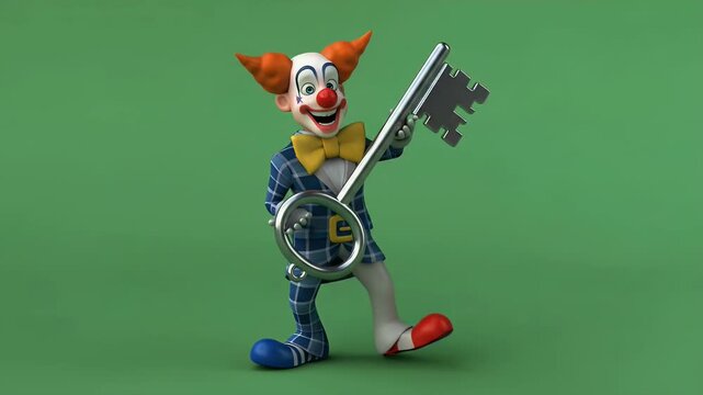 Cartoon Clown Character Holding a Large Skeleton Key in Checkered Suit