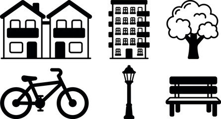 Fototapeta premium Black and white residential house apartment tree bike street lamp and park bench icons