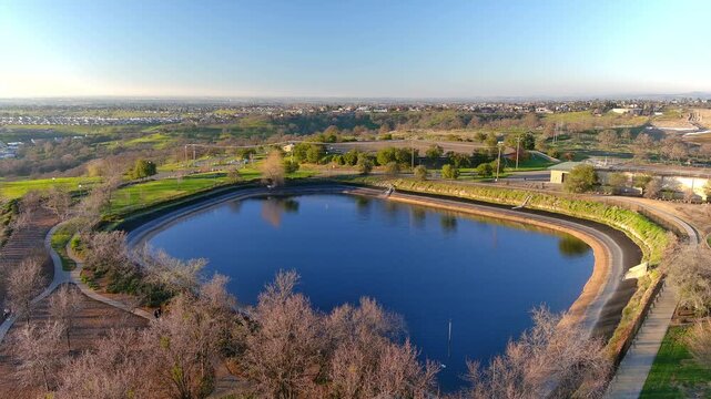 Lincoln, California's Coyote Pond. Aerial view with surrounding hiking trails.