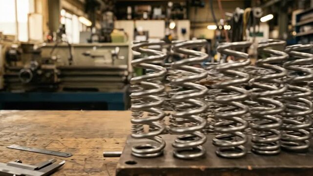 A collection of polished steel compression coil springs of varying diameters standing upright in a neat arrangement on a clean industrial workbench, warm workshop lighting catching the precise helical