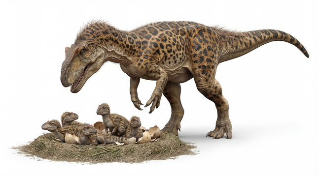 Allosaurus fragilis adult near hatchlings in nest isolated on white background, detailed prehistoric scene showing parental care and early life behavior.
